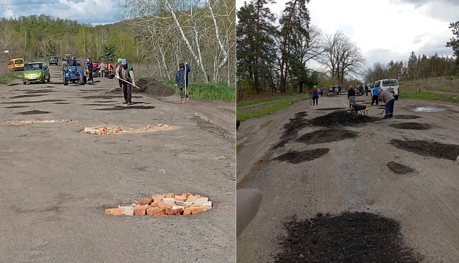 Цеглою закривали «кратери»: жителі селища на Черкащині самотужки залатали дорогу