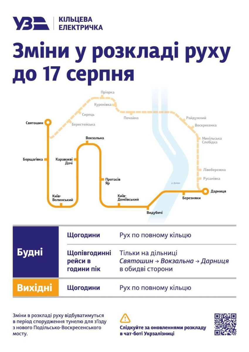 До 17 серпня поїзди Київської міської електрички курсуватимуть за зміненим графіком