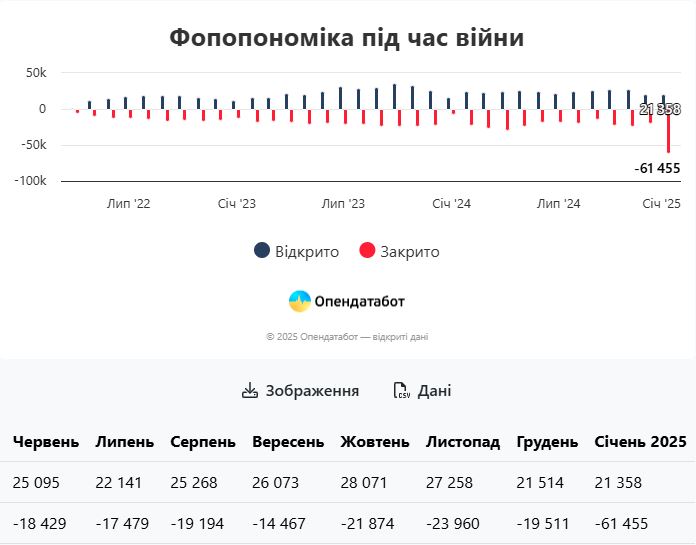 За перший місяць 2025 року в Україні закрилася рекордна кількість ФОПів