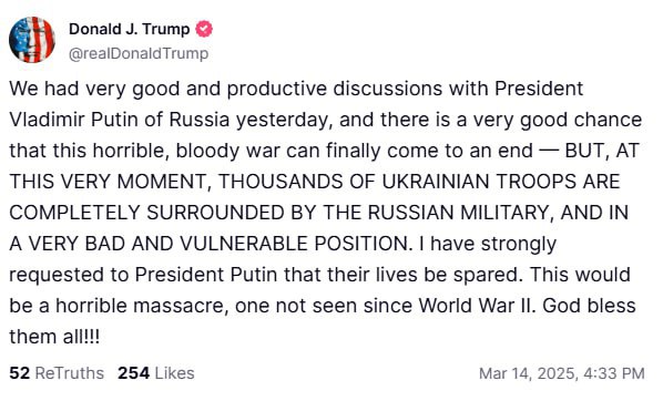 Трамп сказав, що просив Путіна зберегти життя українським військовим в оточенні