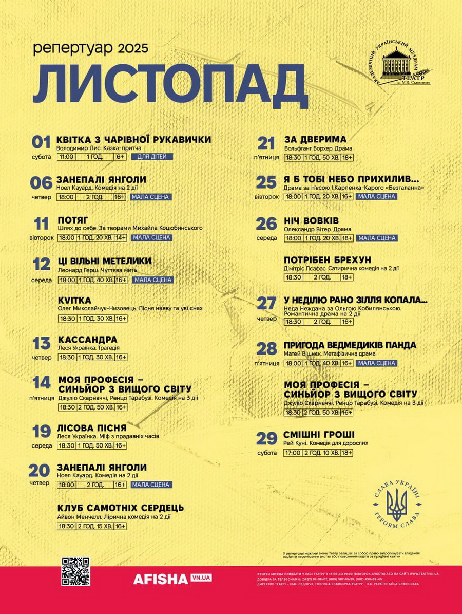 Репертуар Вінницького театру на листопад