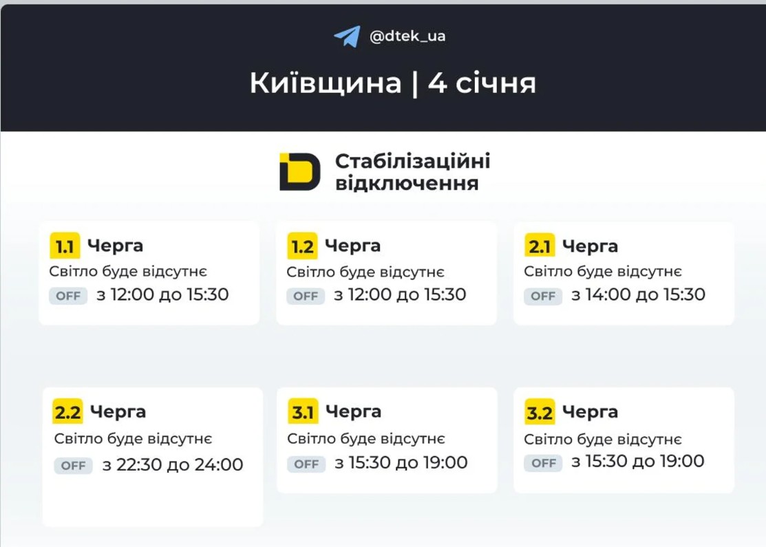 Графік відключення світла у Києві та області на 4 січня 2026 — розклад ДТЕК