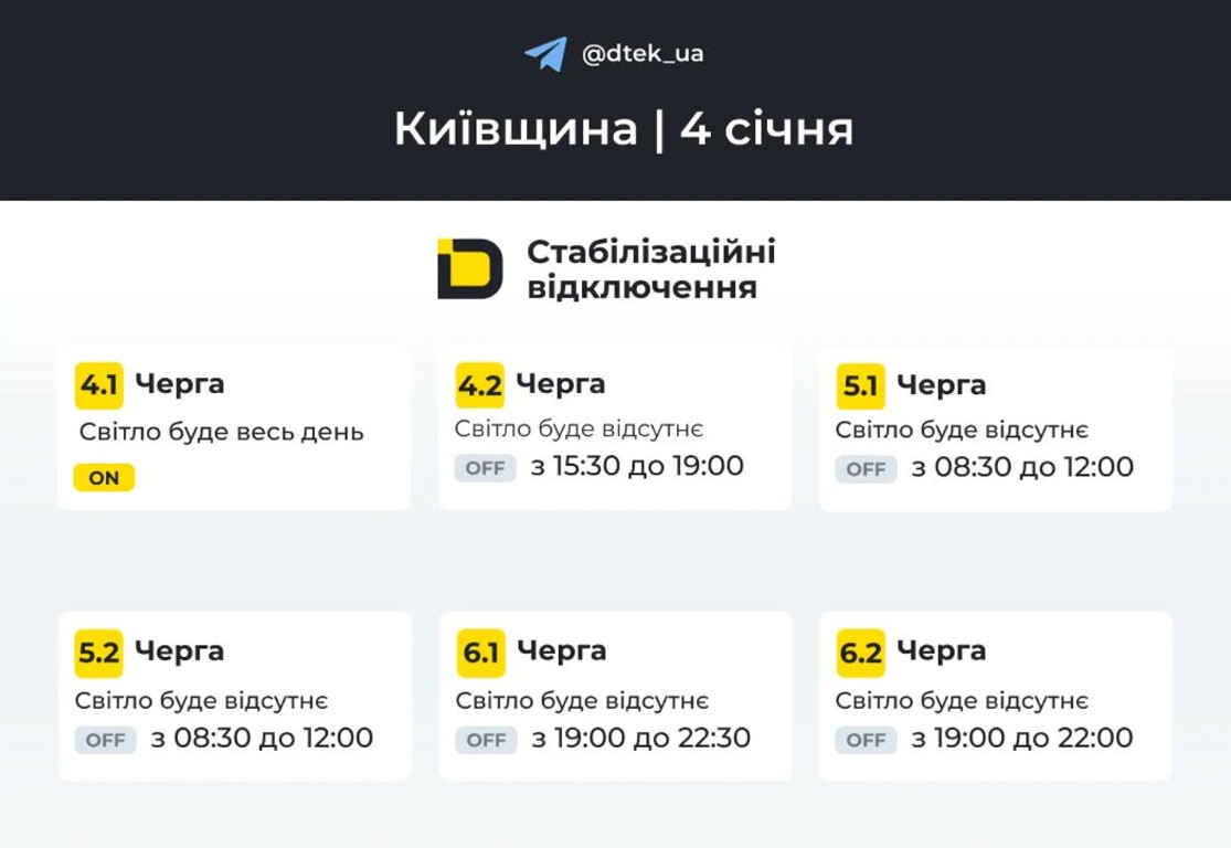 Графік відключення світла у Києві та області на 4 січня 2026 — розклад ДТЕК - фото 2
