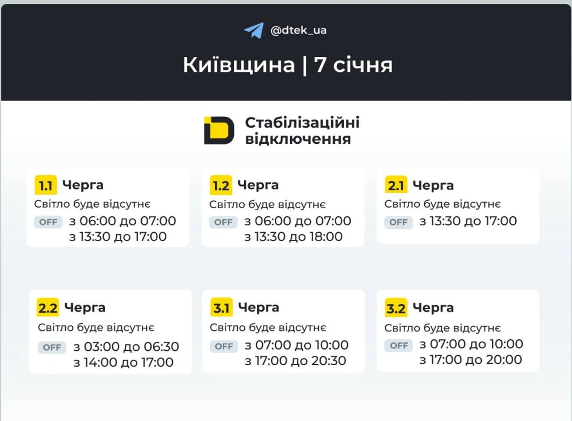 Графік відключення світла у Києві та області на 7 січня 2026 — розклад ДТЕК