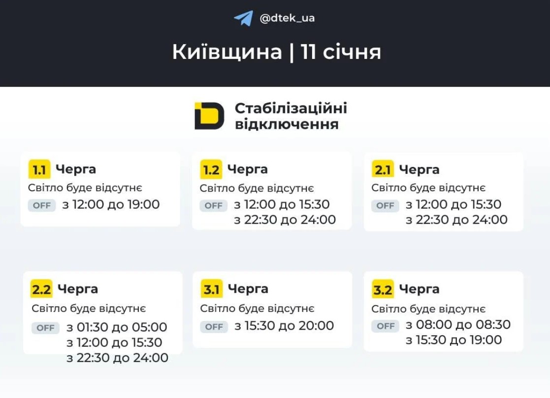 Графіки відключення світла на 11 січня 2026 у Києві та в Київській області