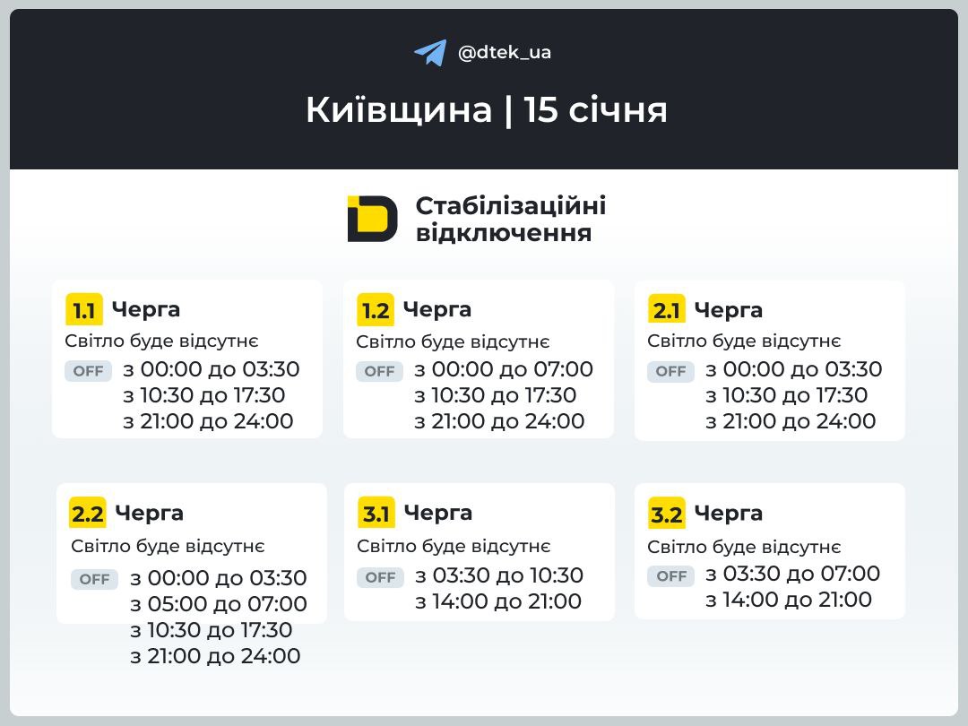 Графіки відключення світла у Києві та області на сьогодні 15 січня