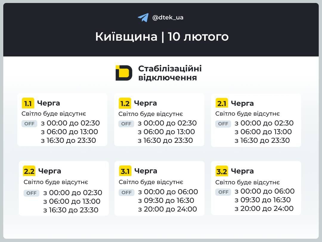 Графік відключення світла від ДТЕК на Київщині 10 лютого