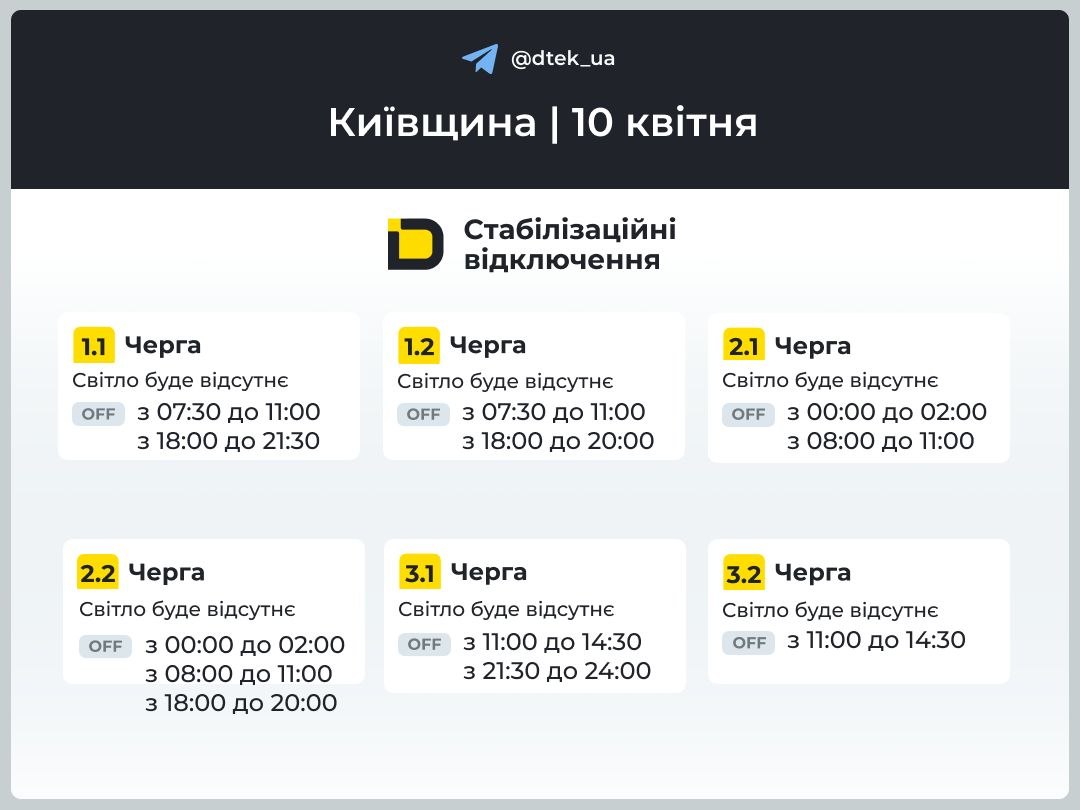 Відключення світла у Києві та в області на 10 квітня