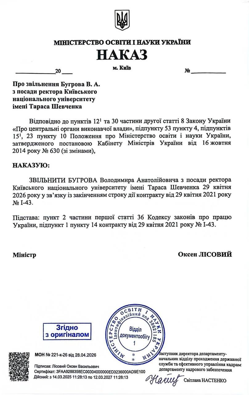 У ректора КНУ закінчився контракт з МОН