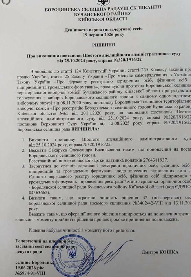 Сахарука поновили на посаді Бородянського селищного голови