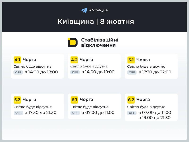 Графіки відключення світла для Києва та Київщини на 8 жовтня 2026 - фото 2