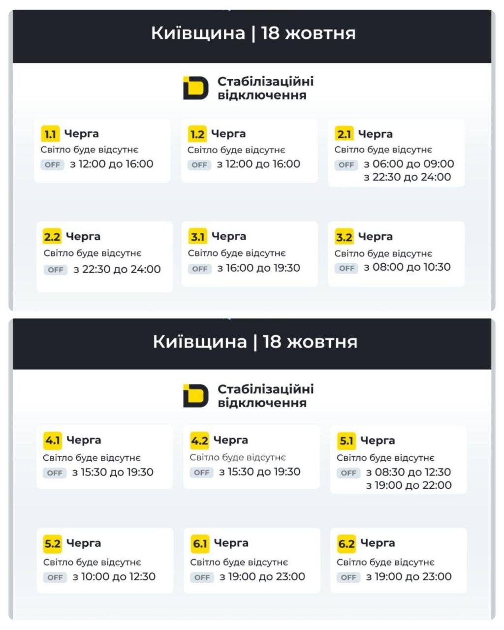 Графік відключення світла для Києва та Київщини на 18 жовтня