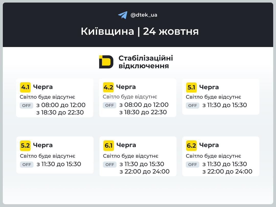 Графік відключення світла для Києва та Київщини на 24 жовтня 2026 - фото 2