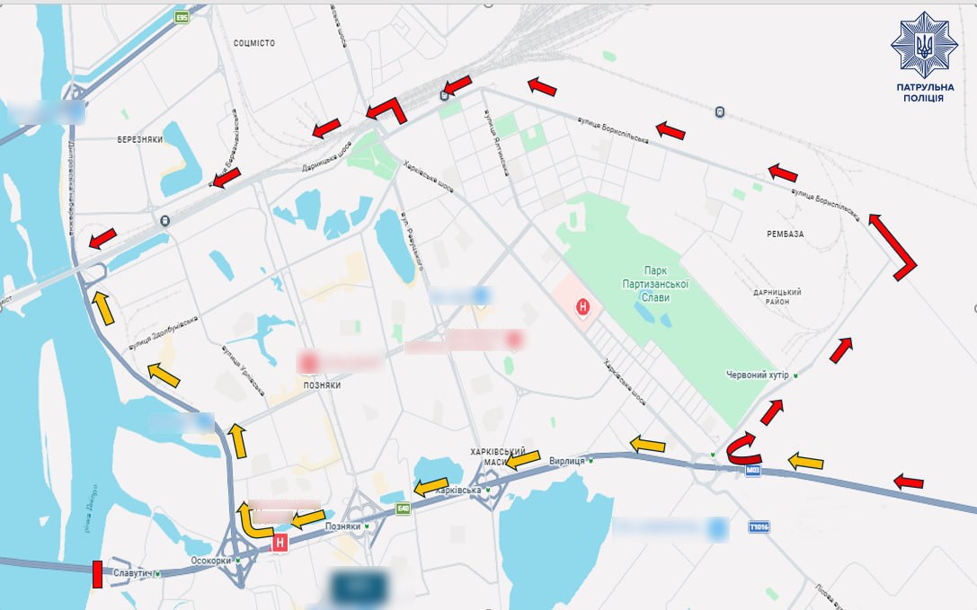 Схема обʼїздних маршрутів Південного мосту у Києві