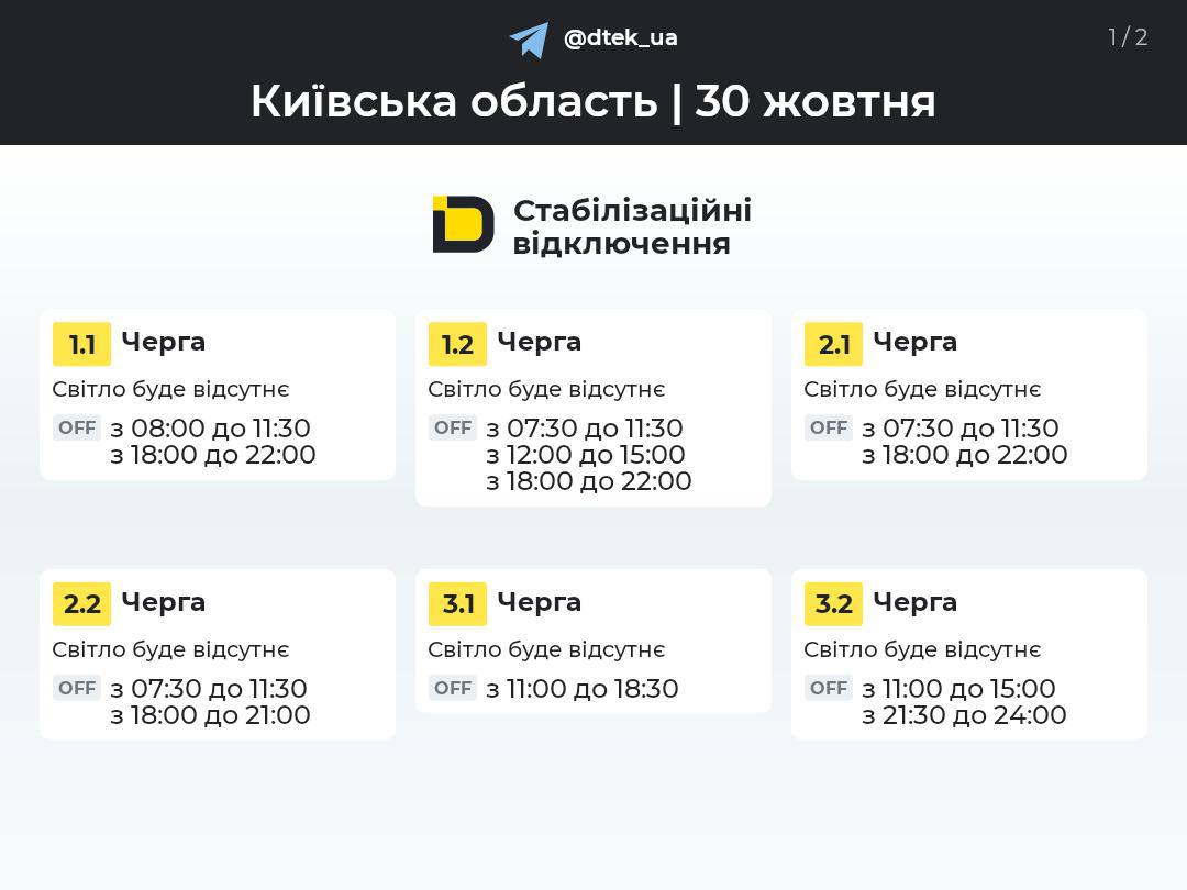 Графіки відключення світла для Києва та області на 30 жовтня